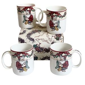 Fitz and Floyd Santa's List Vintage Stoneware Set of 4 Mugs Original Box